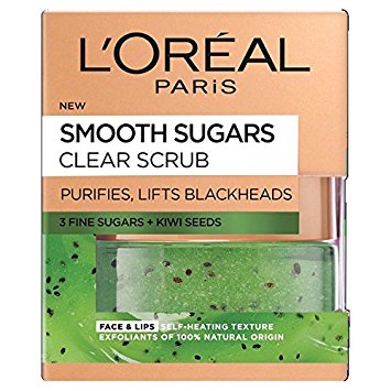 L'Oreal Paris Smooth Sugar Clear Kiwi Face and Lip Scrub, 50 ml