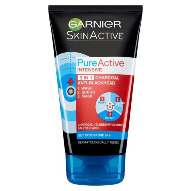 Garnier Pure Active 3 in 1 Charcoal Blackhead Mask Wash Scrub 150 ml